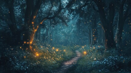 Enchanting Nighttime Forest Path with Glowing Fireflies - Magical and Dreamlike Atmosphere.