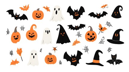 Minimalist Halloween icon set featuring bats, ghosts, pumpkins, and witches hats in vibrant colors with sharp lines, ideal for digital use and Halloween-themed designs or decorations