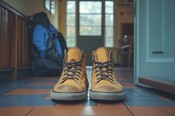 A Pair of Worn Yellow Sneakers by a Doorway