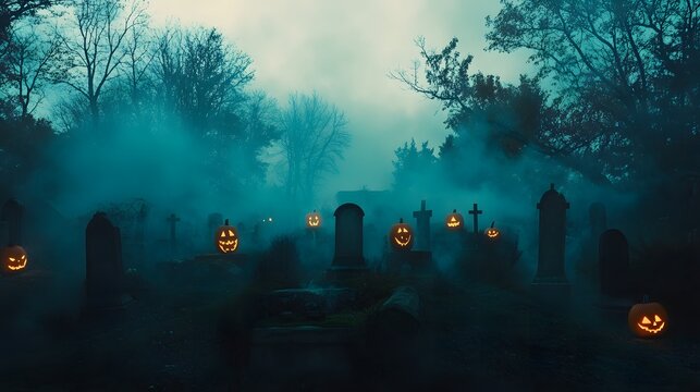 Dramatic cinematic Halloween poster showcasing a creepy graveyard scene filled with mist and glowing jack-o'-lanterns.Perfect for adding marketing copy,ideal for Halloween-themed promotions and events