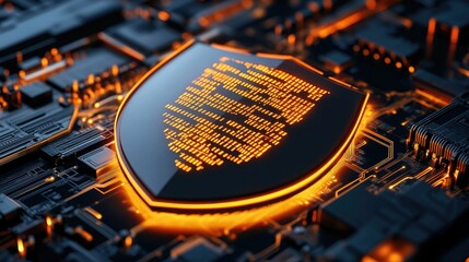 A glowing shield made of circuitry features digital code, symbolizing cybersecurity and protection in a tech-driven landscape.