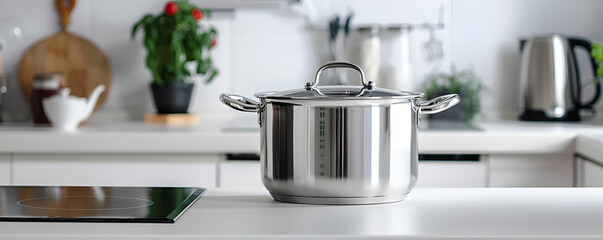 Stainless Steel Cooking Pot in Modern Kitchen with Fresh Vegetables