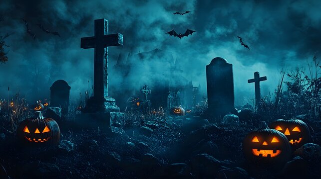 Dramatic cinematic Halloween poster showcasing a creepy graveyard scene filled with mist and glowing jack-o'-lanterns.Perfect for adding marketing copy,ideal for Halloween-themed promotions and events