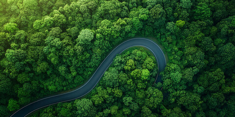 Aerial view of winding road through lush green forest, showcasing beauty of nature and serenity of landscape. vibrant foliage surrounds road, creating peaceful atmosphere