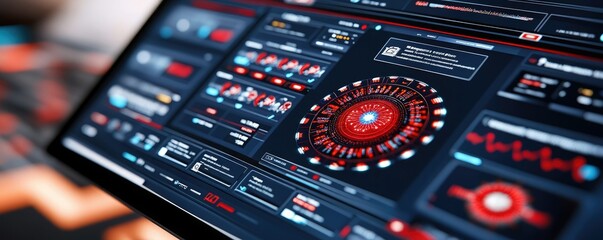 Obraz premium A high-tech interface displaying intricate data visualization with vibrant colors and graphs on a computer screen.