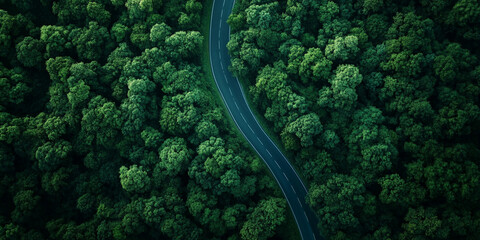 Aerial view of winding road through lush green forest, showcasing beauty of nature and serenity of landscape. vibrant foliage creates peaceful atmosphere