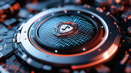A futuristic digital design featuring a circular emblem with a mesh pattern and glowing accents in shades of blue and orange.