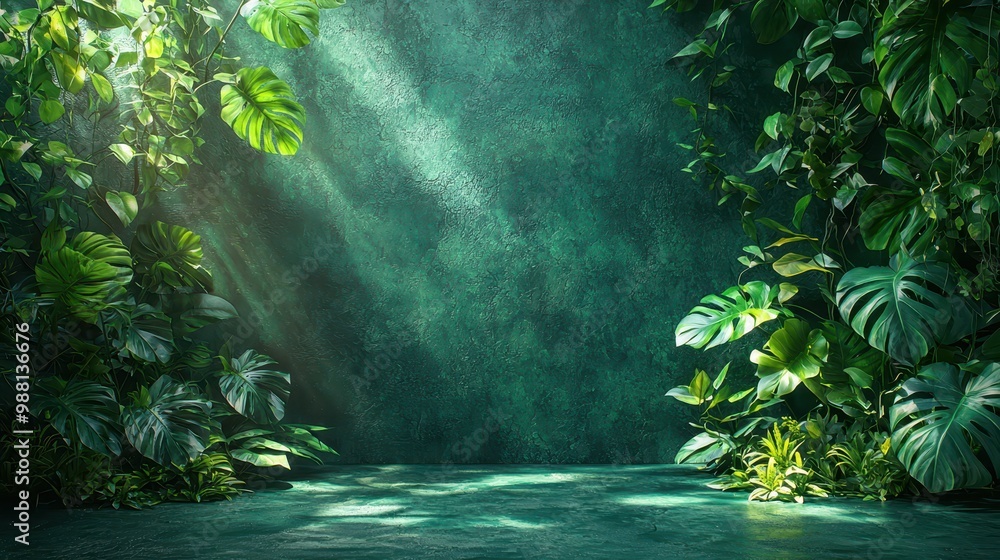 Wall mural Green Jungle Leaves  Tropical Background with Sunlight