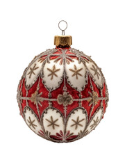 A Christmas ornament with a red and white pattern and a gold-colored top.