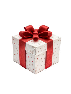 A red and white gift box with a ribbon bow on top