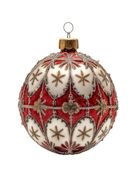 A Christmas ornament with a red and white pattern and a gold-colored top.
