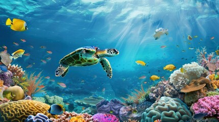 Fototapeta premium Sea Turtle and Coral Reef Underwater Scene