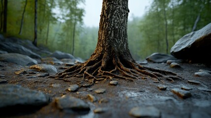 Fototapeta premium Tree Roots Emerging from Rocky Ground, symbolizing strength, growth, nature, resilience, and connection.