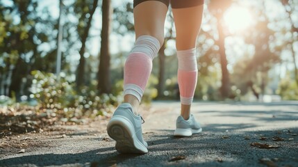 A person jogging in a park during the golden hour, showcasing athletic gear and a determined stride on a sunny day.