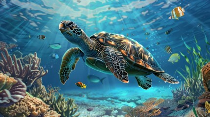 Fototapeta premium Sea Turtle in a Beautiful Underwater World