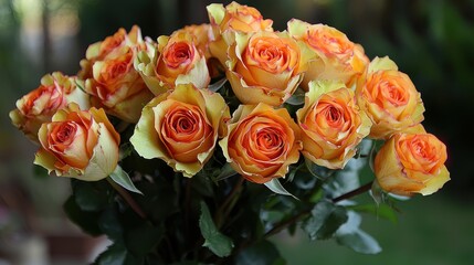 Naklejka premium Bouquet of Peach and Yellow Roses with Green Leaves