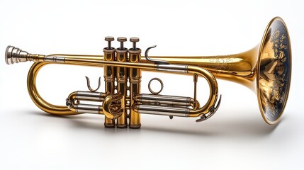 Obraz premium Gold Trumpet with Intricate Design Isolated on White Background