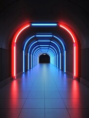 Fototapeta premium A futuristic, abstract tunnel with vibrant neon lights, symbolizing progress, technology, innovation, energy, and the unknown.