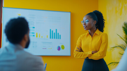 Diverse Office Conference Room Meeting: Successful Black Female Executive Director Presents e-Commerce Fintech Growth Statistics to a Group of Investors. Whiteboard with Big Data Analysis .