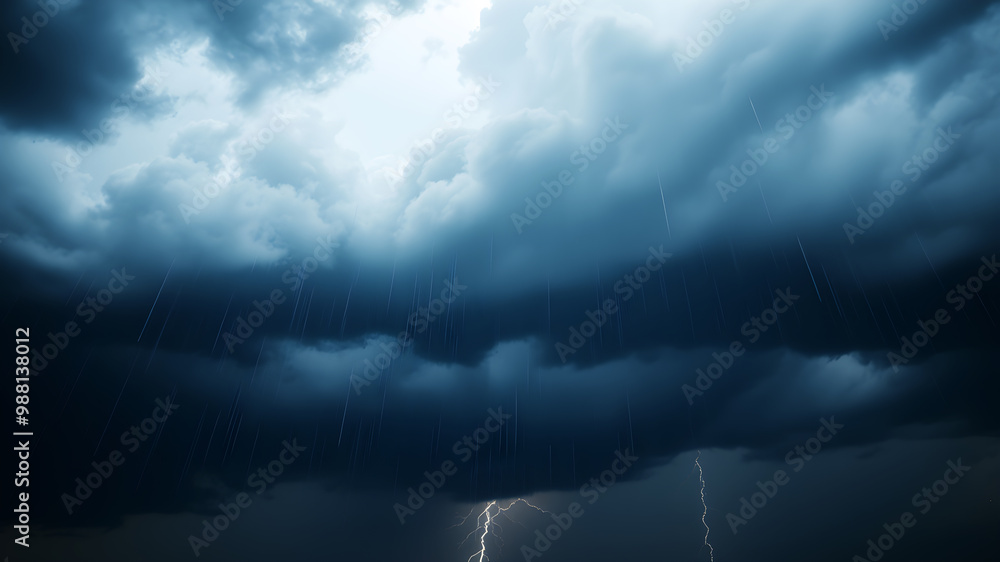 Poster a dramatic sky with dark, heavy rain clouds and visible streaks of rain falling towards the ground. 