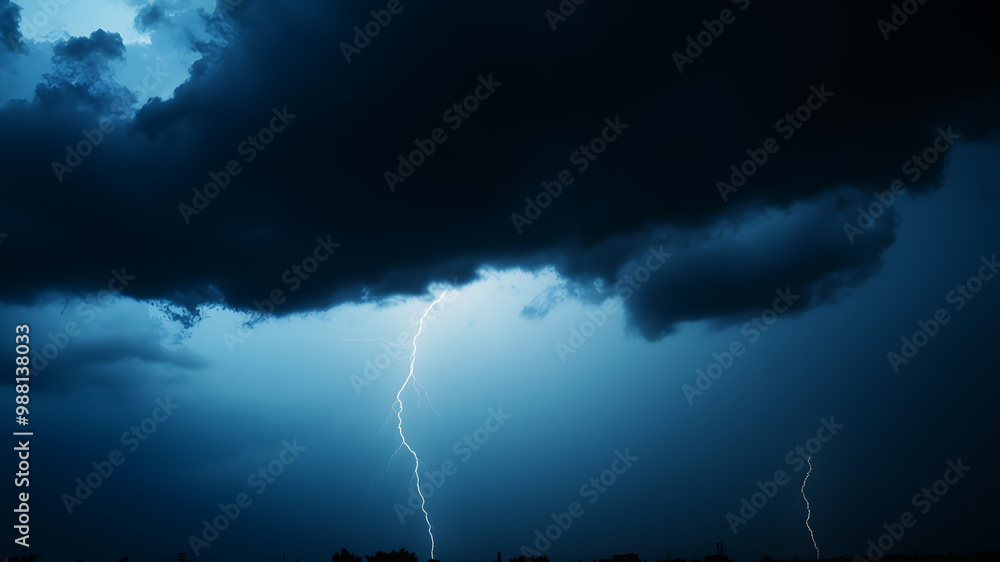Poster a dramatic sky with dark, heavy rain clouds and visible streaks of rain falling towards the ground. 