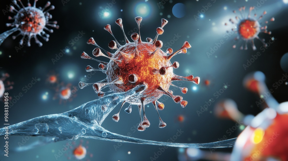 Poster microscopic view of virus cells in vivid colors, revealing the intricate structures of these microsc