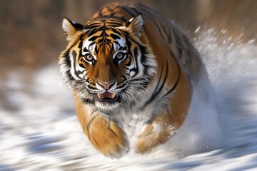 Obraz premium Siberian Tiger Running Through Snow Close Up Wild Animal Predator