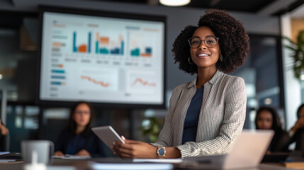Diverse Office Conference Room Meeting: Successful Black Female Executive Director Presents e-Commerce Fintech Growth Statistics to a Group of Investors. Whiteboard with Big Data Analysis .
