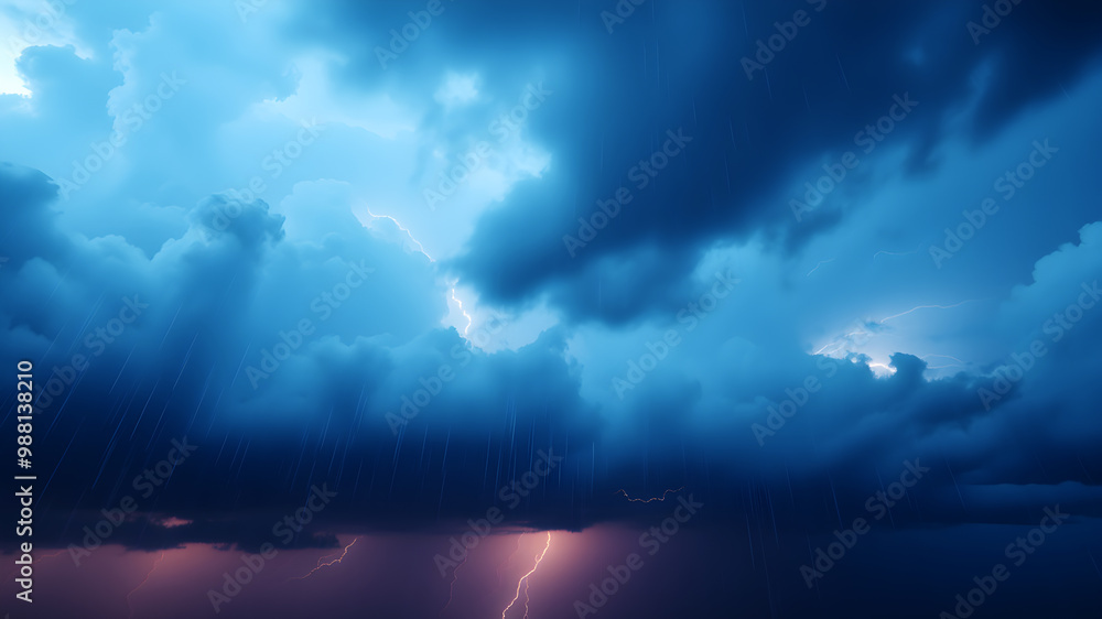 Poster a dramatic sky with dark, heavy rain clouds and visible streaks of rain falling towards the ground. 