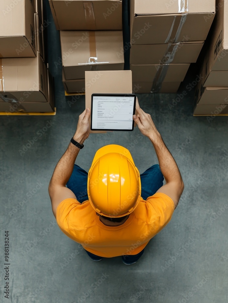Poster warehouse worker using a tablet to manage inventory in a warehouse full of boxes. this image represe