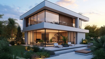 Fototapeta premium Contemporary cube house design, featuring white concrete exterior and warm wood paneling, set against a sunset backdrop, clean lines, and spacious windows