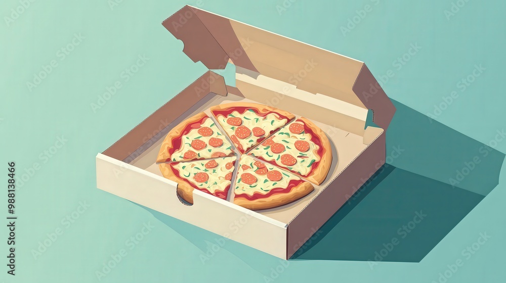 Poster simplistic vector pizza box with pizza on pastel background | minimalist food illustration with basi