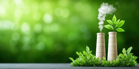 Eco-conscious concept of industry and nature harmony, chimney with plant