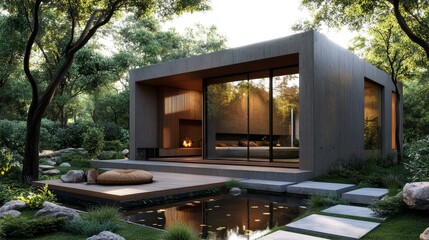 Contemporary modular cube house in a serene minimalist garden, concrete exterior with wood accents, geometric design, clean angles, soft golden hour, photo-realistic, high-resolution
