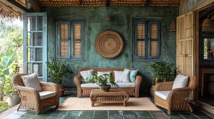 Wicker furniture on patio with tropical plants and woven decor