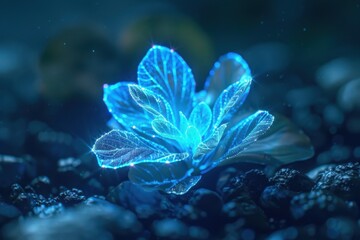 Obraz premium Radiant Glow of a Bioluminescent Plant in a High-Tech Garden, showcasing vibrant luminescence amidst a futuristic, shadowy landscape, highlighting nature's brilliance.