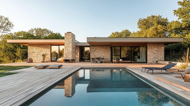Contemporary stone cube house with a wide wooden deck, perfect for hosting outdoor events, minimalist architecture blending into nature