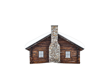 A charming log cabin with a stone chimney, surrounded by serene winter scenery, perfect for cozy retreats in the snow.