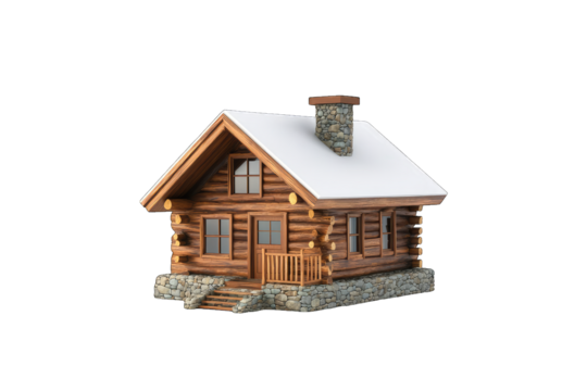 A charming log cabin with a snow-covered roof, nestled in a serene winter landscape. Perfect for cozy retreats and nature escapes.
