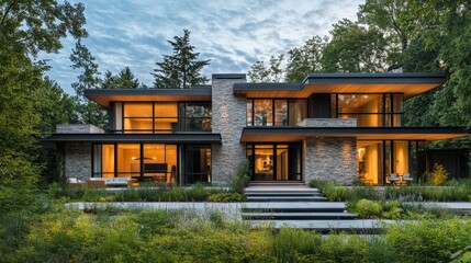 Cube home with stone and brushed metal exterior, sharp geometric lines, rustic and modern fusion, surrounded by a lush green landscape, bright natural lighting, Realism