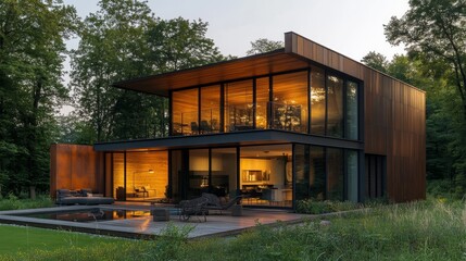 Cube house with alternating wood and metal panels, minimalist style, modern architecture, soft evening light, surrounded by greenery, high resolution, warm tones