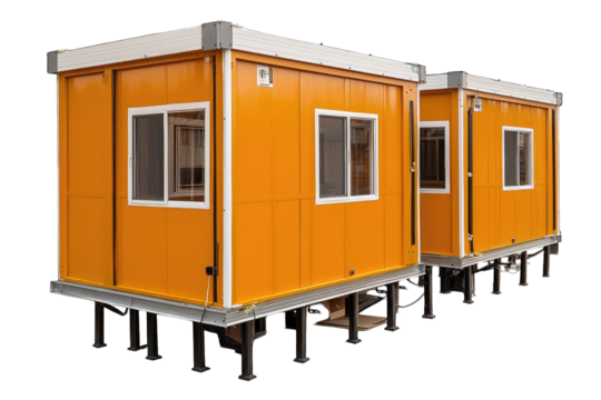 A pair of vibrant orange modular buildings with large windows, ideal for construction sites or temporary offices.