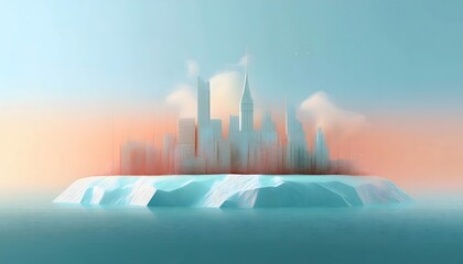 Fototapeta premium A melting glacier with a business city skyline in the background. Visualizing climate change.
