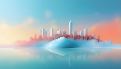 Fototapeta premium A melting glacier with a business city skyline in the background. Visualizing climate change.