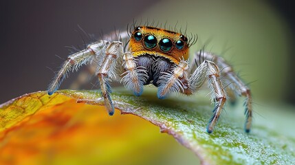 Colorful Jumping Spider on Green Leaf with Blurred Background