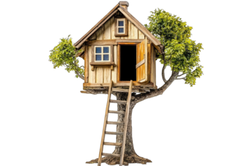 Charming treehouse set high in a tree, featuring wooden design, steps, and surrounded by lush greenery.