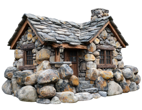 Charming stone cottage with a rustic design, featuring a unique chimney and surrounded by large boulders.