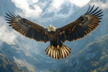 Obraz premium Bald Eagle Soaring Over Mountain Range