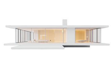 Modern architectural design featuring a spacious, minimalist house with large glass windows and open interior spaces.