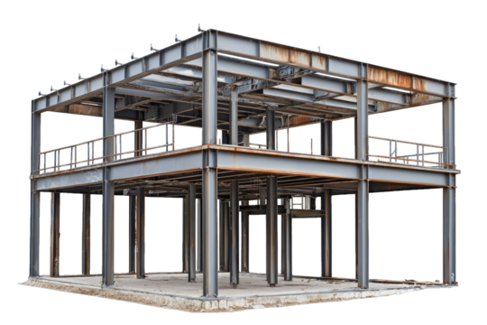 Industrial building frame showcasing modern architecture and metal construction techniques in an open space.